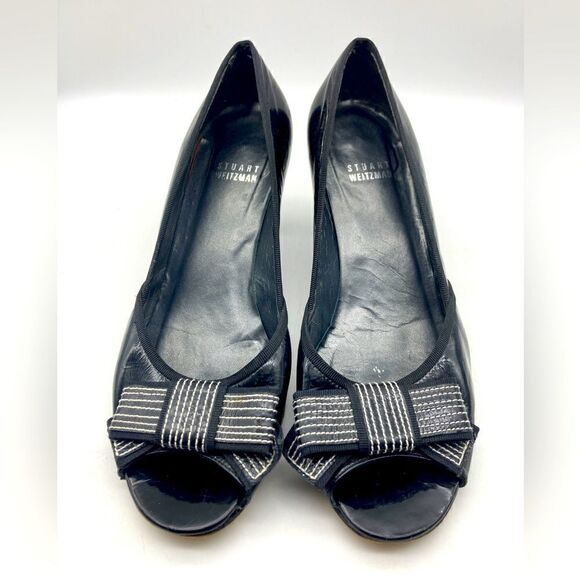 Stuart Weitzman Black/White Striped Bow Black Patent Leather Heels Size 8W - Picture 2 of 9